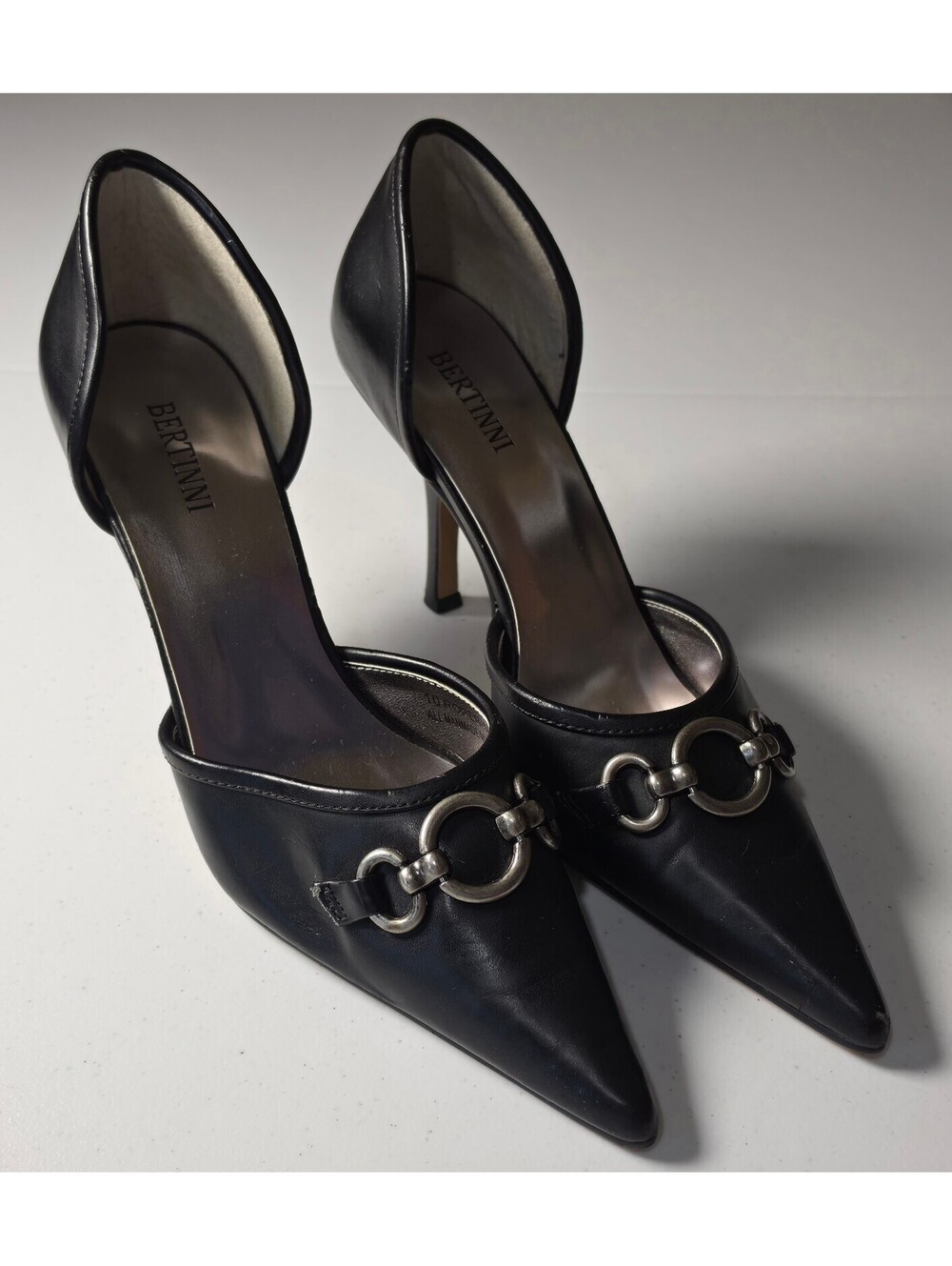 Bertinni Black Pointed Toe D'Orsay Heels with Silver Hardware
